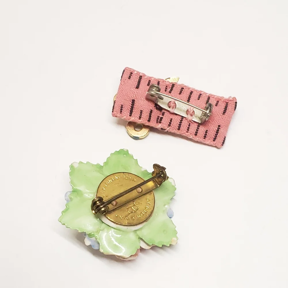 Vintage Denton England Ceramic Flower Brooch & Handmade Tape Measure Scissor Pin
